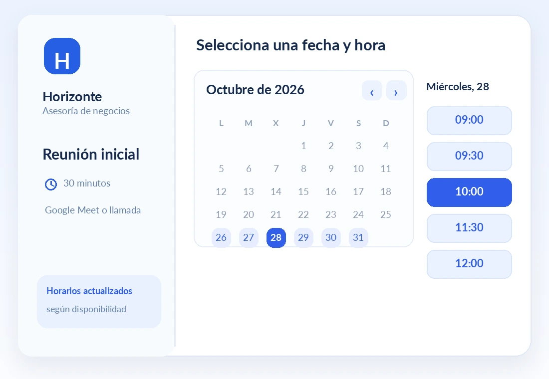 Ejemplo visual del calendario con fecha y franjas horarias disponibles